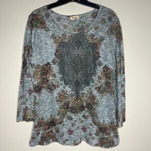 Vintage Cactus Y2K‎ Rhinestone Embellished Top L Floral Western 3/4 Sleeve Boho
